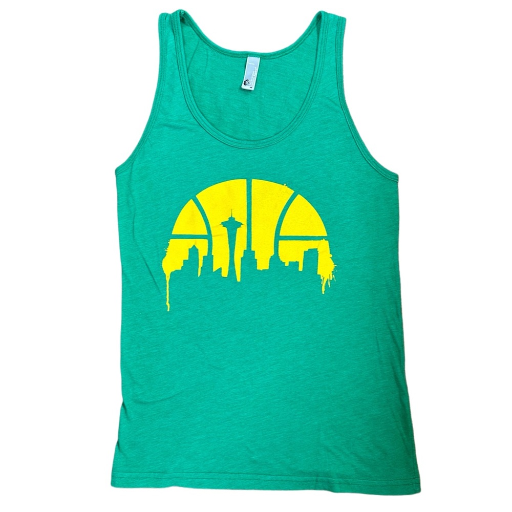 Green Seattle Supersonic Tank Top with Yellow Iconic Seattle City Skyline